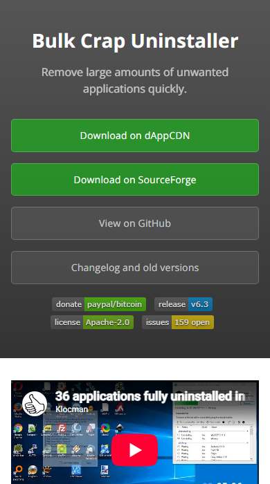 Bulk Crap Uninstaller homepage on a phone