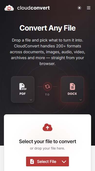 CloudConvert homepage on a phone
