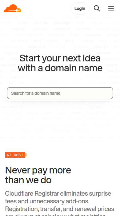 Cloudflare Registrar homepage on a phone