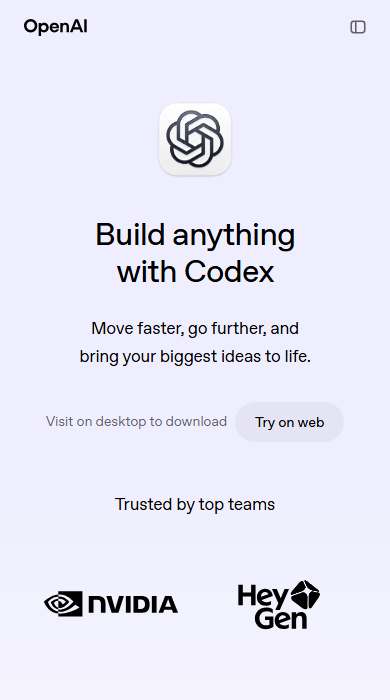 OpenAI Codex homepage on a phone