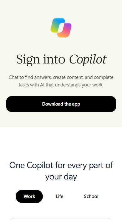 Microsoft Copilot homepage on a phone