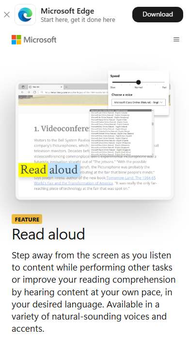 Microsoft Edge Read Aloud homepage on a phone