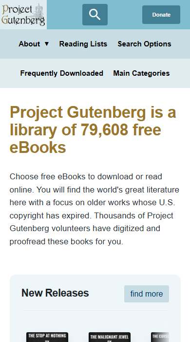 Project Gutenberg homepage on a phone