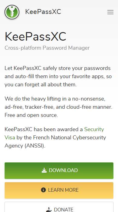 KeePassXC homepage on a phone