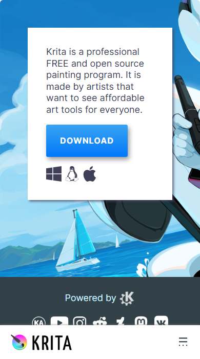 Krita homepage on a phone