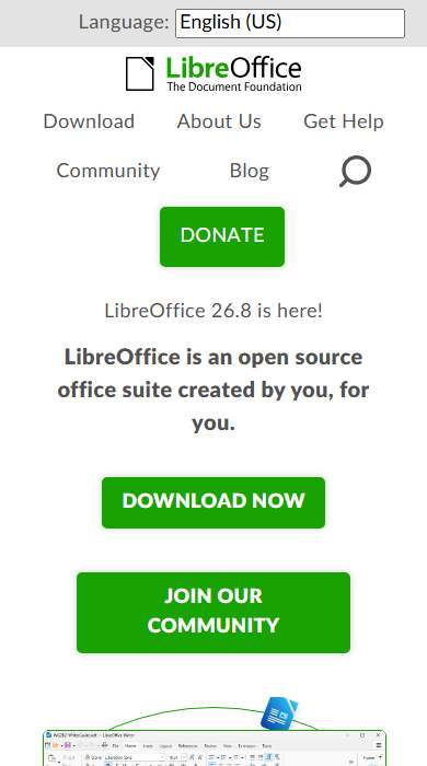 LibreOffice homepage on a phone