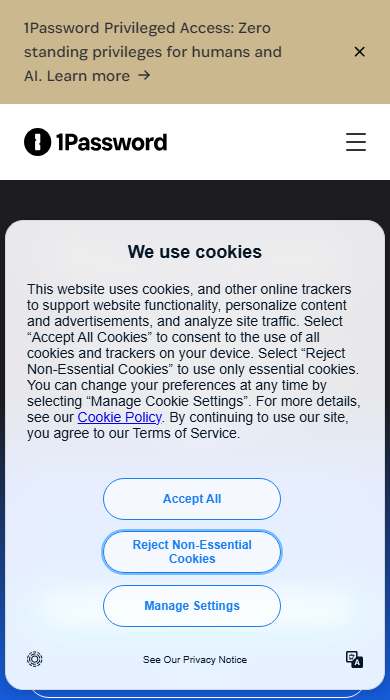 1Password homepage on a phone