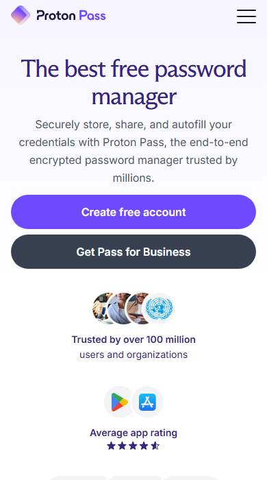Proton Pass homepage on a phone