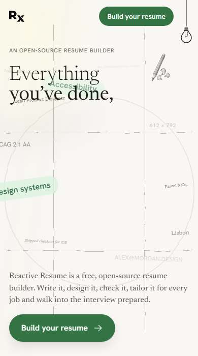 Reactive Resume homepage on a phone
