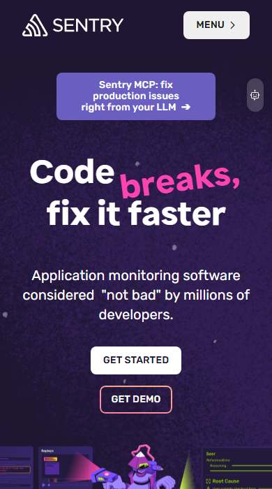 Sentry homepage on a phone