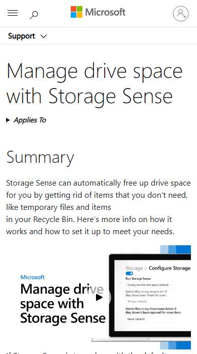 Storage Sense homepage on a phone