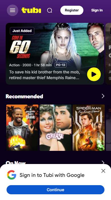 Tubi homepage on a phone