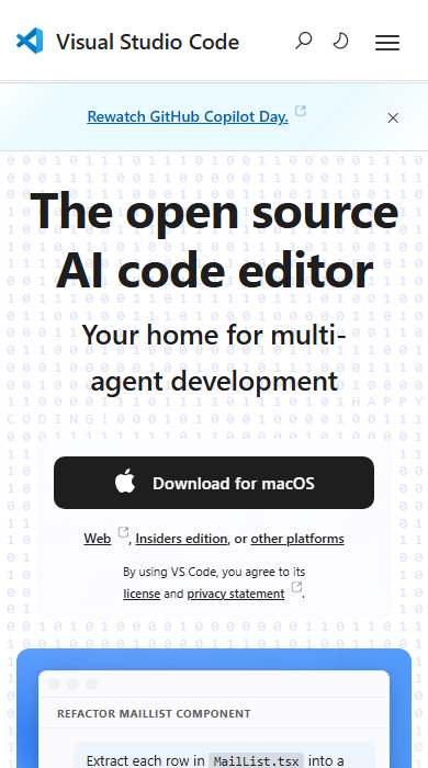 Visual Studio Code homepage on a phone