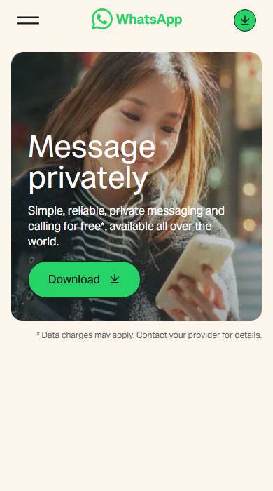 WhatsApp homepage on a phone