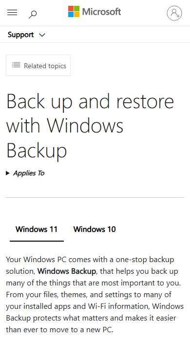 Windows Backup and File History homepage on a phone