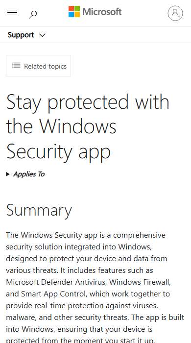 Windows Security homepage on a phone